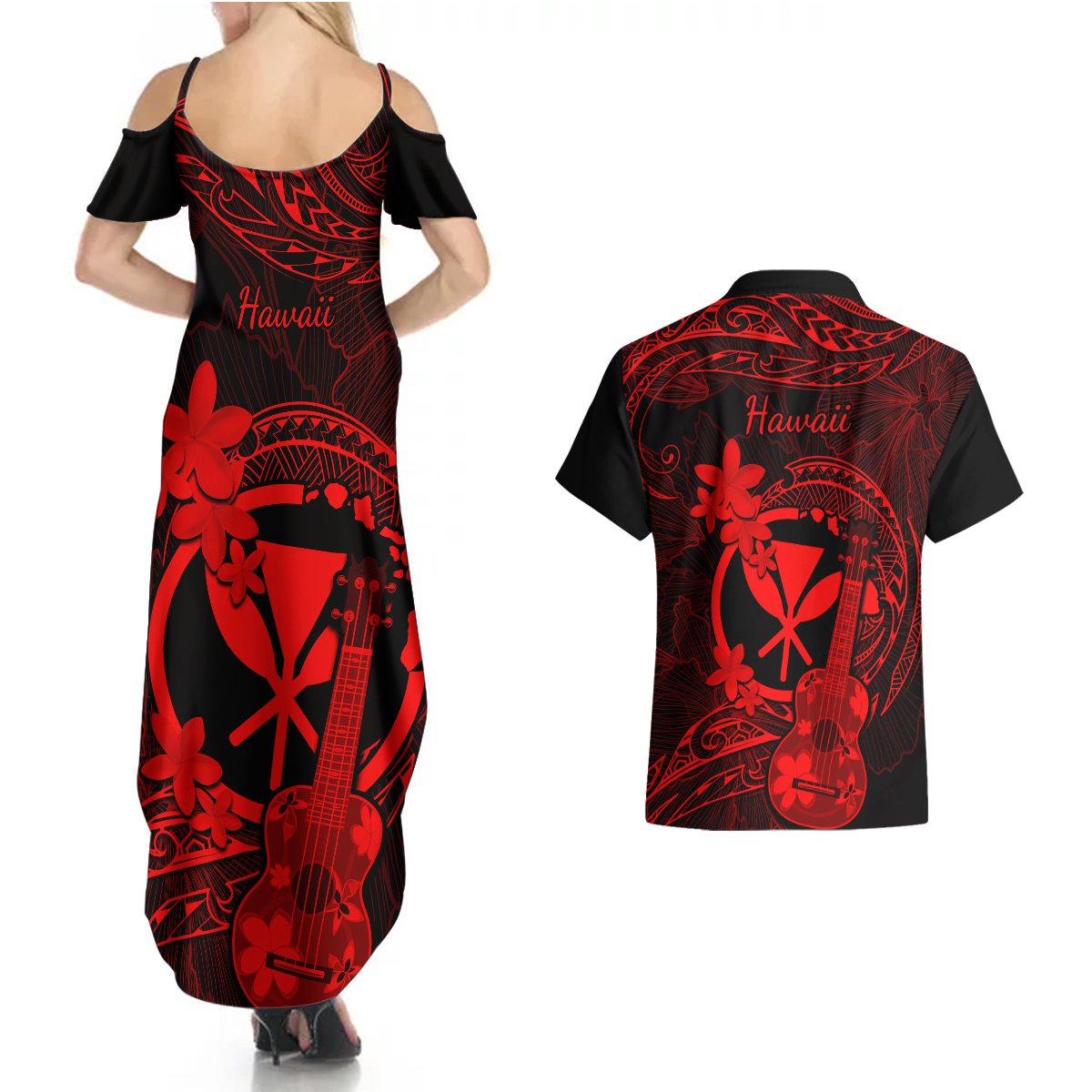 hawaii-couples-matching-summer-maxi-dress-and-hawaiian-shirt-ukulele-mix-polynesian-plumeria-red-version