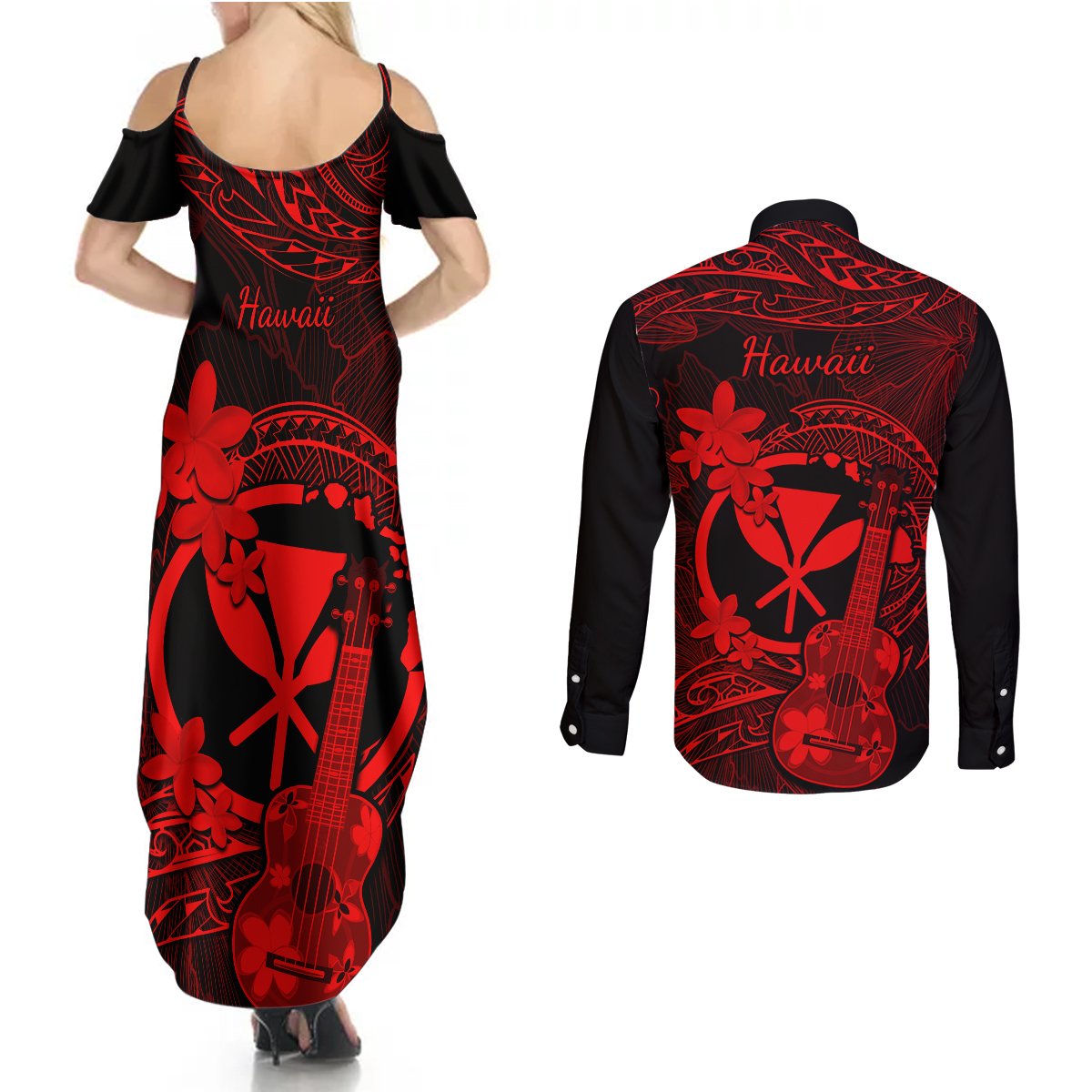 hawaii-couples-matching-summer-maxi-dress-and-long-sleeve-button-shirts-ukulele-mix-polynesian-plumeria-red-version