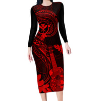 Hawaii Family Matching Long Sleeve Bodycon Dress and Hawaiian Shirt Ukulele Mix Polynesian Plumeria Red Version LT14 Mom's Dress Red - Polynesian Pride