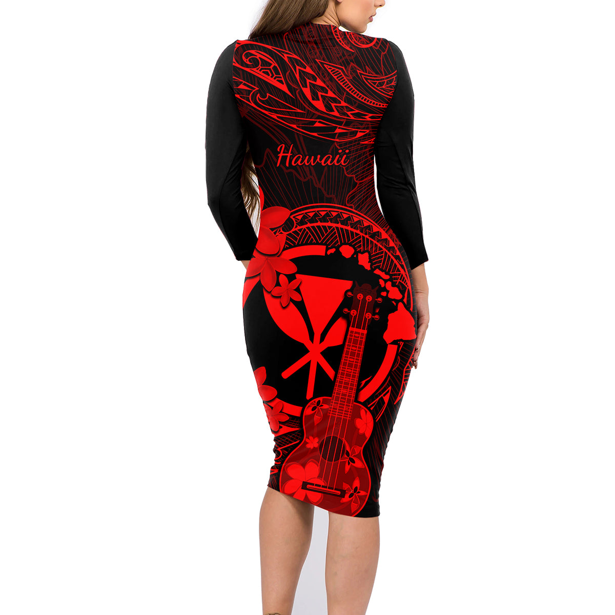 Hawaii Family Matching Long Sleeve Bodycon Dress and Hawaiian Shirt Ukulele Mix Polynesian Plumeria Red Version LT14 - Polynesian Pride