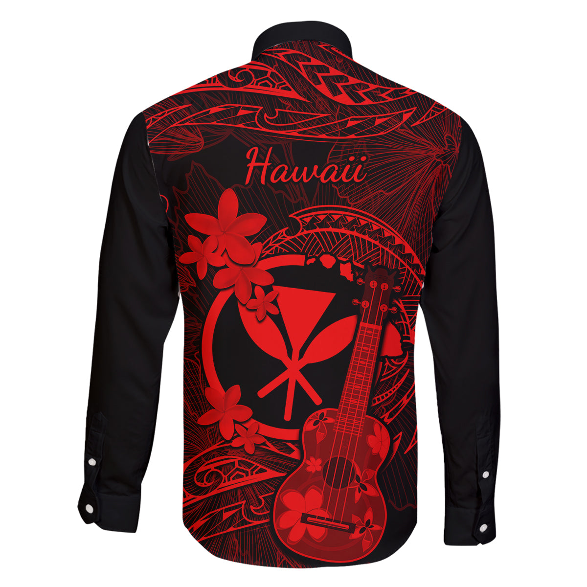 hawaii-family-matching-off-shoulder-maxi-dress-and-hawaiian-shirt-ukulele-mix-polynesian-plumeria-red-version