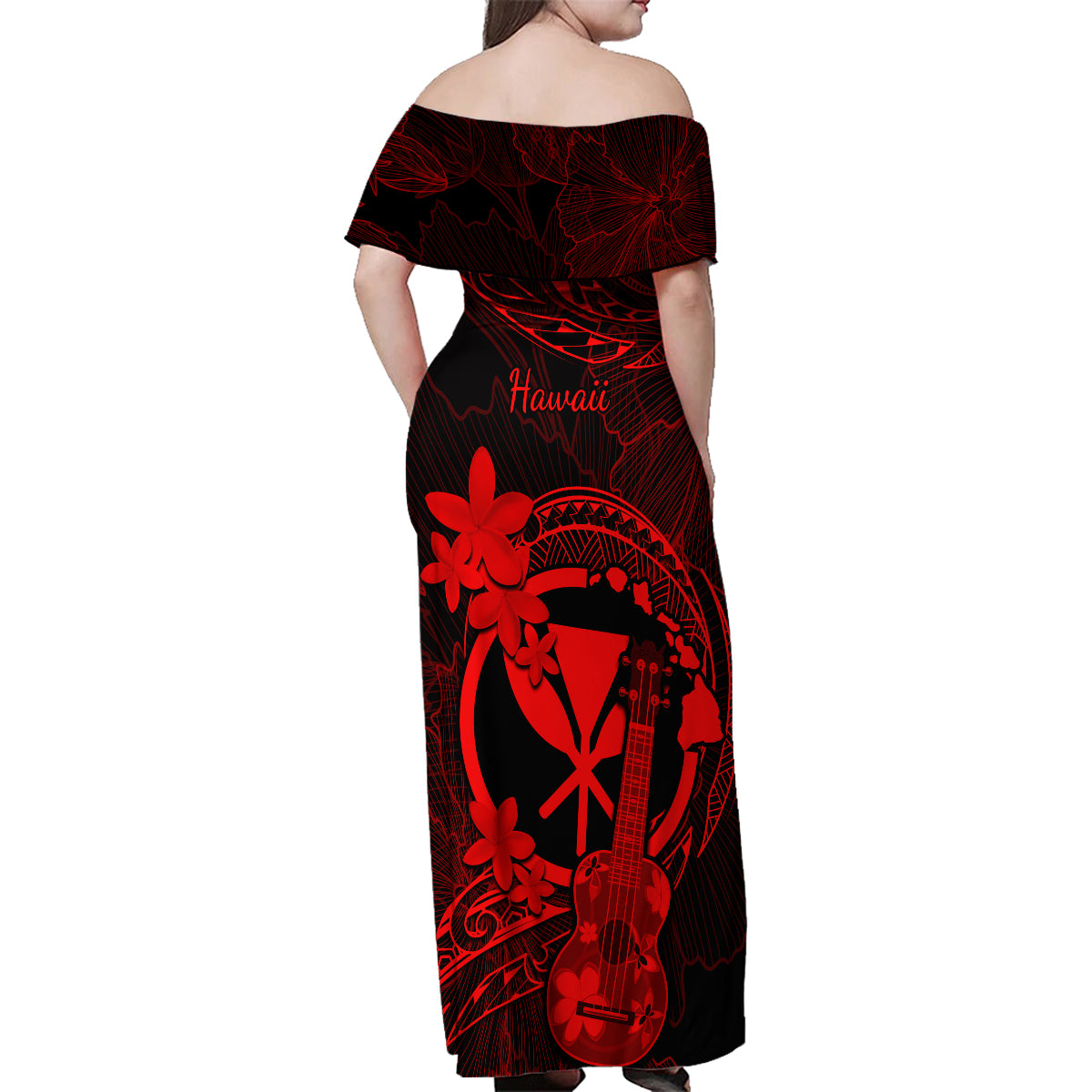 hawaii-family-matching-off-shoulder-maxi-dress-and-hawaiian-shirt-ukulele-mix-polynesian-plumeria-red-version