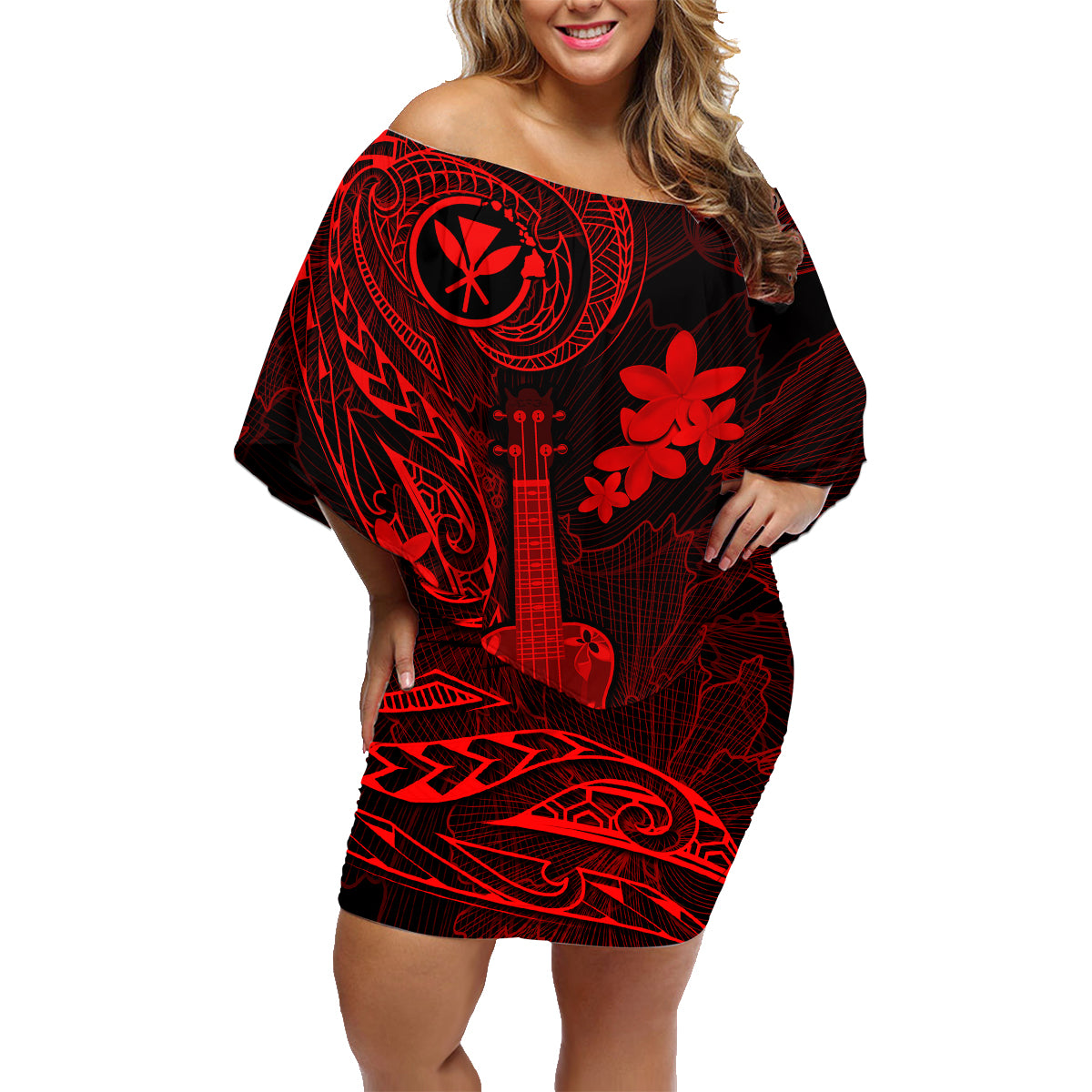 hawaii-family-matching-off-shoulder-short-dress-and-hawaiian-shirt-ukulele-mix-polynesian-plumeria-red-version