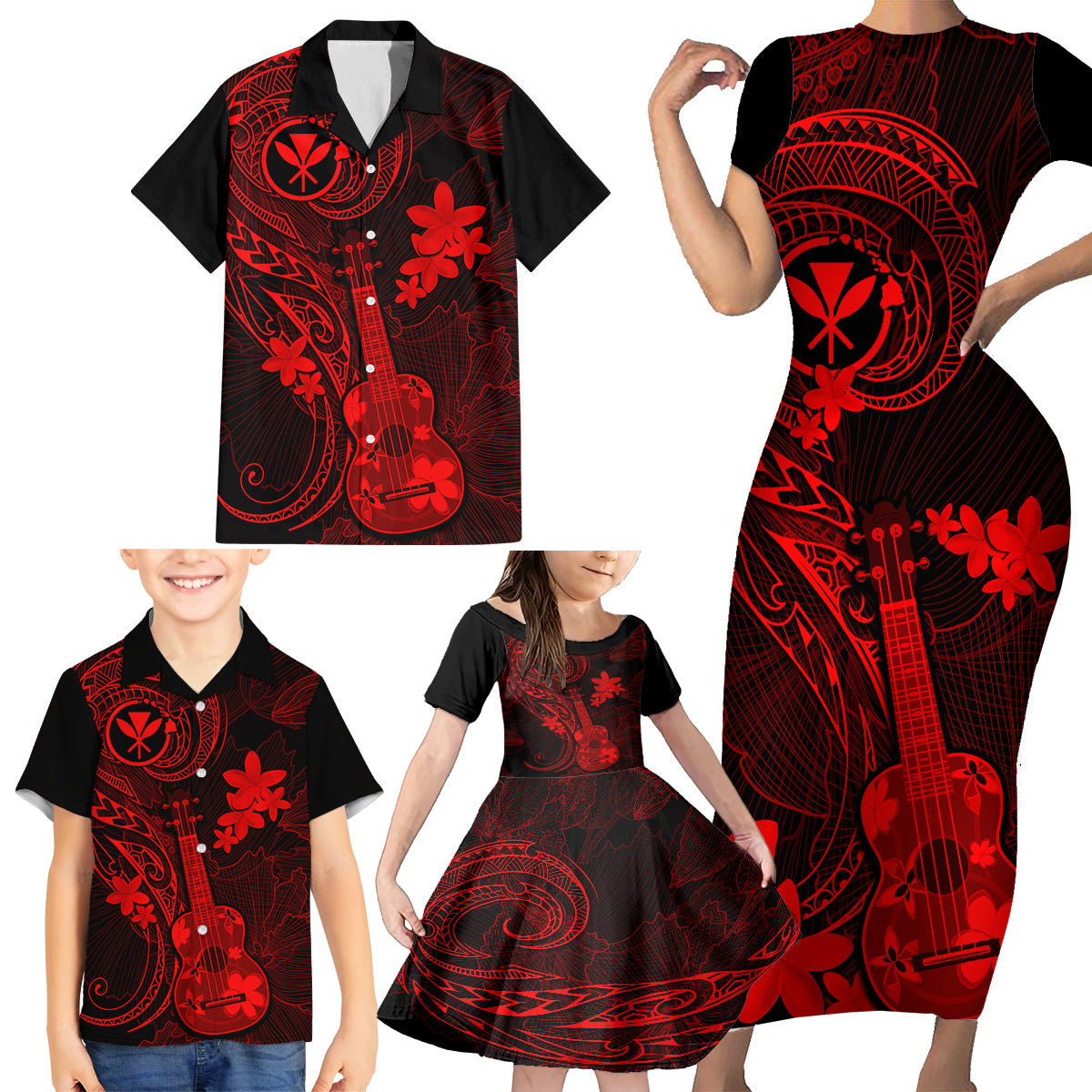 Hawaii Family Matching Short Sleeve Bodycon Dress and Hawaiian Shirt Ukulele Mix Polynesian Plumeria Red Version LT14 - Polynesian Pride