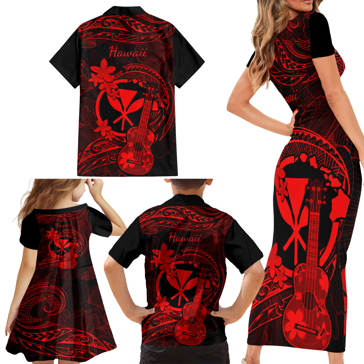 Hawaii Family Matching Short Sleeve Bodycon Dress and Hawaiian Shirt Ukulele Mix Polynesian Plumeria Red Version LT14 - Polynesian Pride