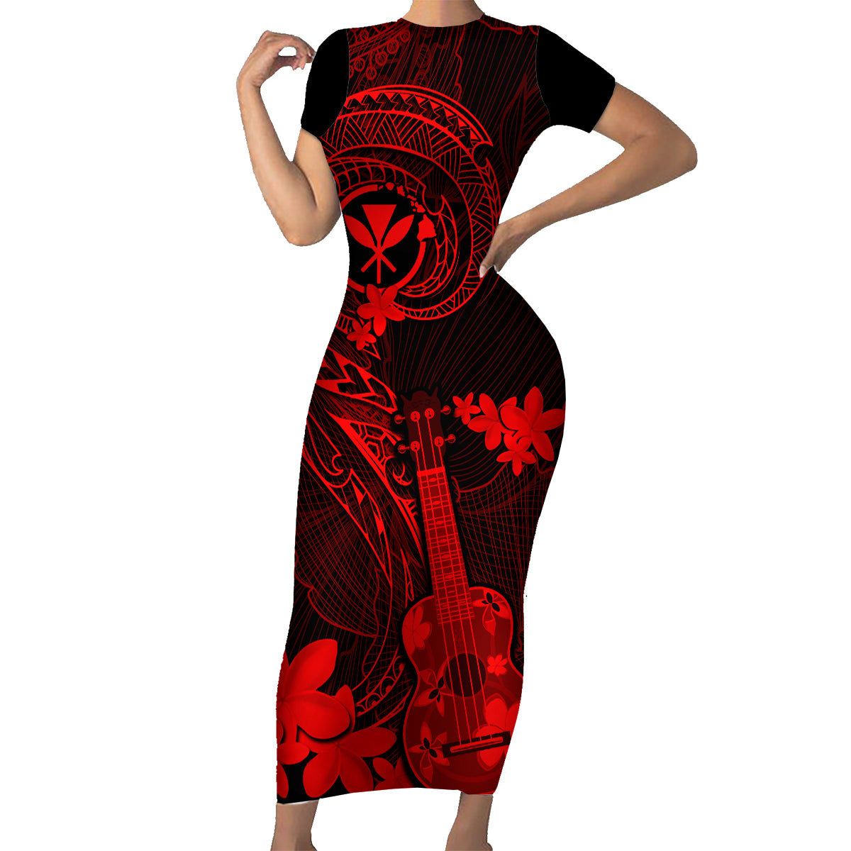 Hawaii Family Matching Short Sleeve Bodycon Dress and Hawaiian Shirt Ukulele Mix Polynesian Plumeria Red Version LT14 Mom's Dress Red - Polynesian Pride