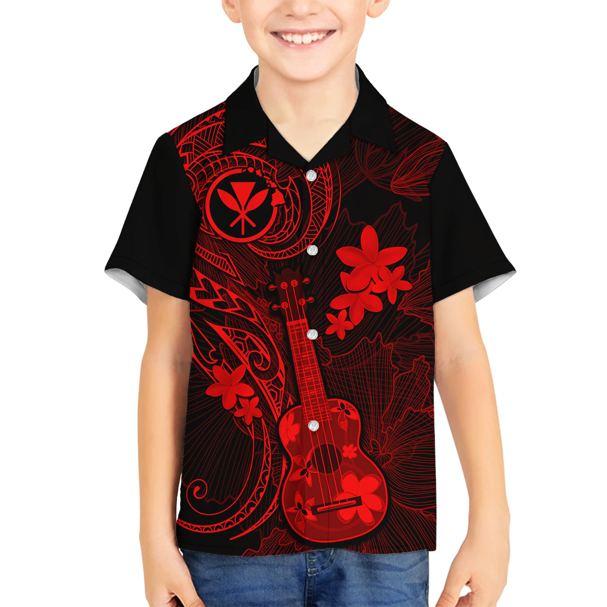 Hawaii Family Matching Short Sleeve Bodycon Dress and Hawaiian Shirt Ukulele Mix Polynesian Plumeria Red Version LT14 Son's Shirt Red - Polynesian Pride