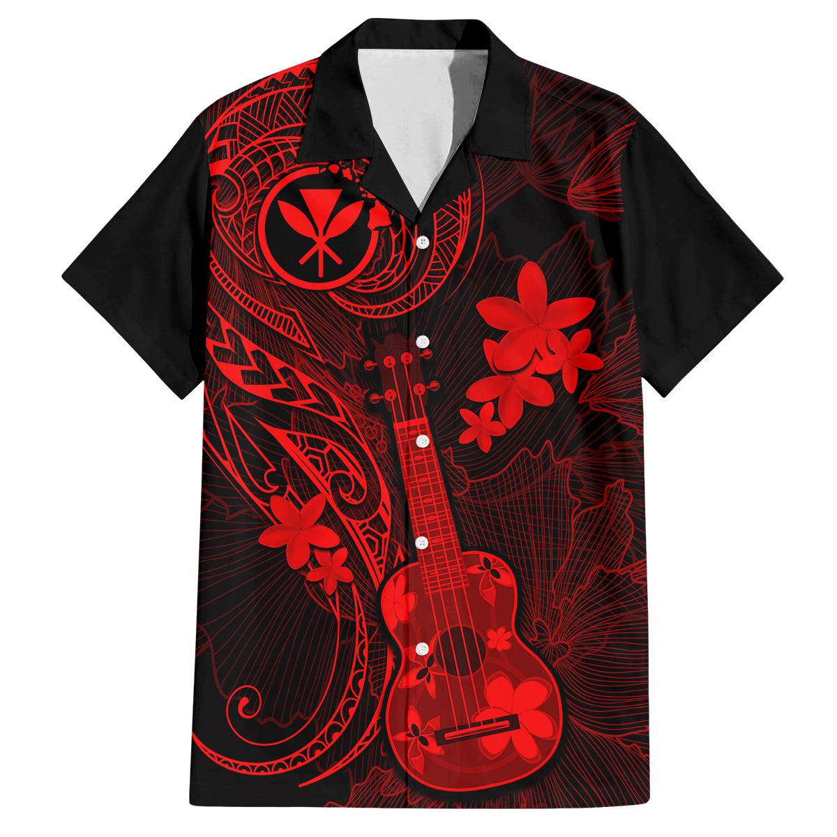 hawaii-family-matching-summer-maxi-dress-and-hawaiian-shirt-ukulele-mix-polynesian-plumeria-red-version