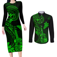 hawaii-couples-matching-long-sleeve-bodycon-dress-and-long-sleeve-button-shirts-ukulele-mix-polynesian-plumeria-green-version