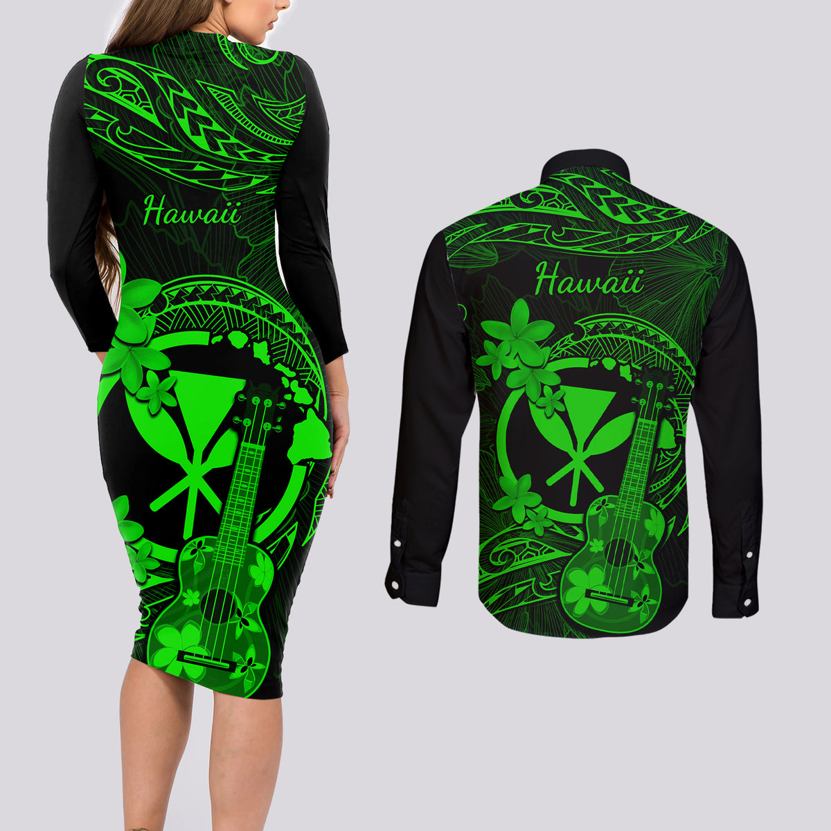 hawaii-couples-matching-long-sleeve-bodycon-dress-and-long-sleeve-button-shirts-ukulele-mix-polynesian-plumeria-green-version