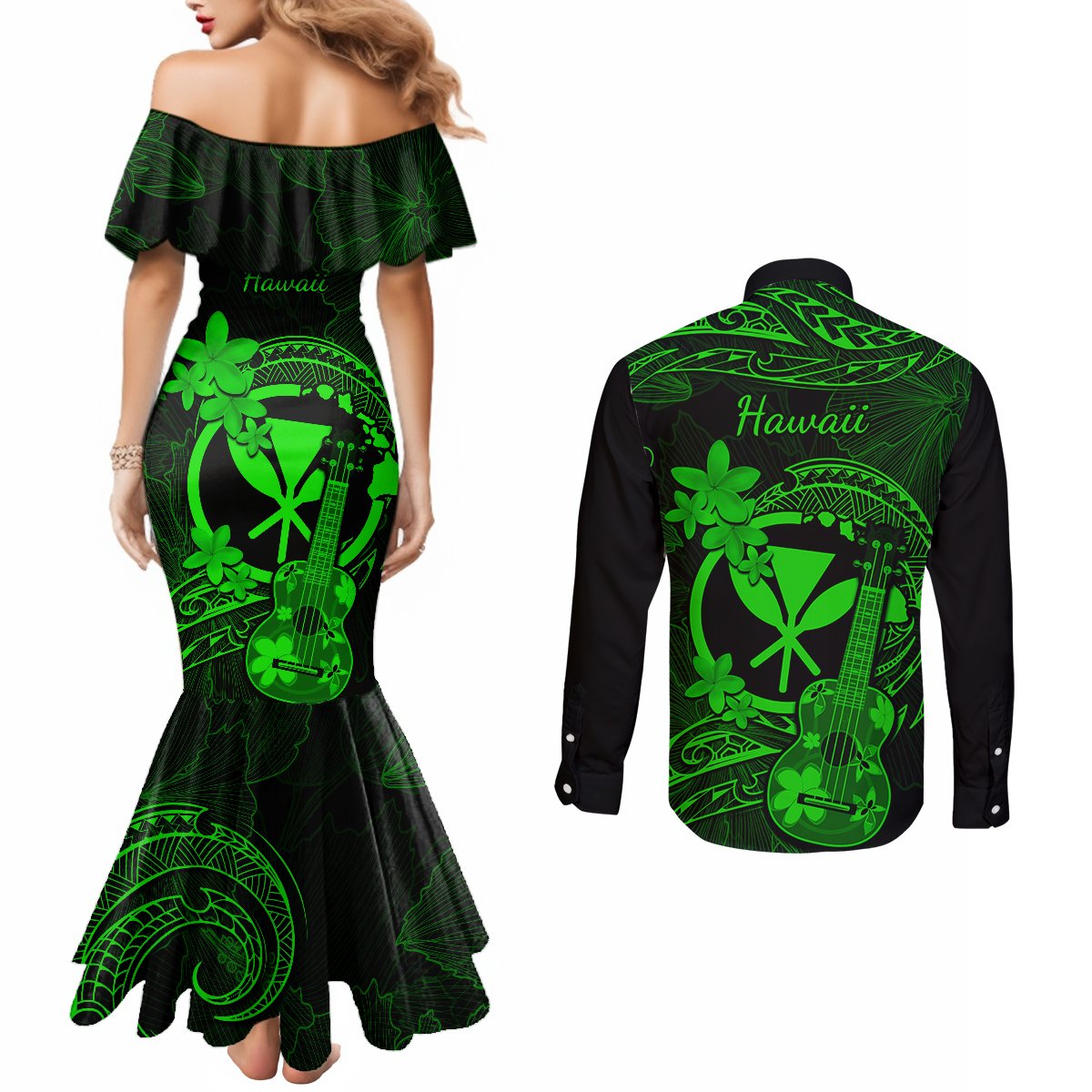 hawaii-couples-matching-mermaid-dress-and-long-sleeve-button-shirts-ukulele-mix-polynesian-plumeria-green-version