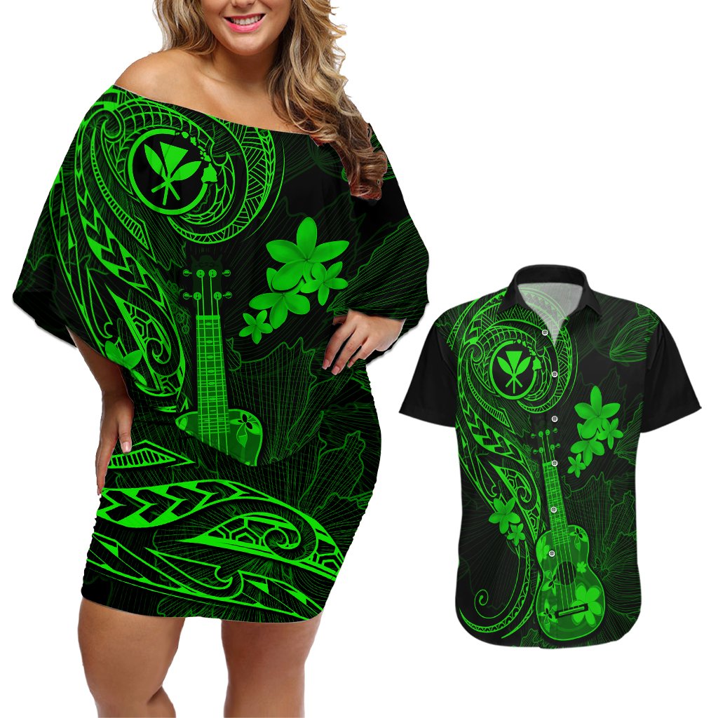 hawaii-couples-matching-off-shoulder-short-dress-and-hawaiian-shirt-ukulele-mix-polynesian-plumeria-green-version
