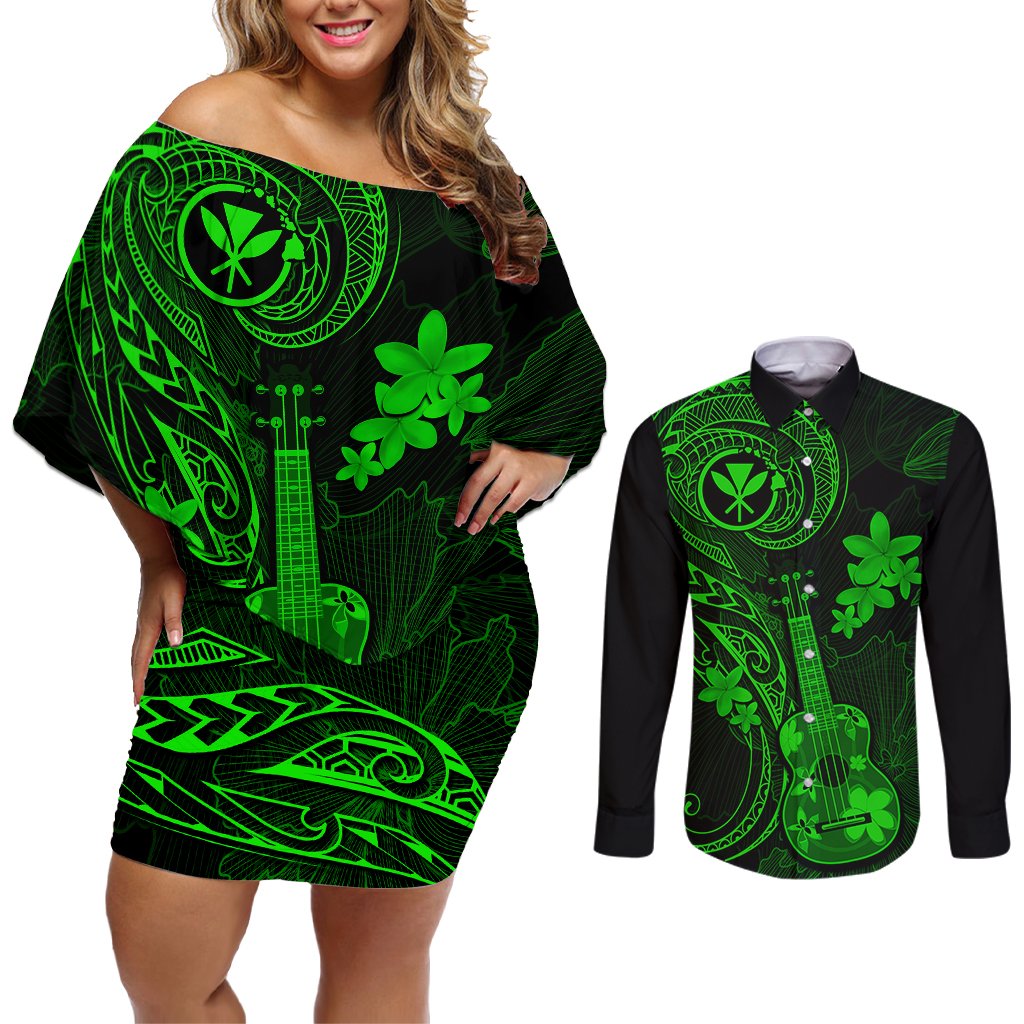 hawaii-couples-matching-off-shoulder-short-dress-and-long-sleeve-button-shirts-ukulele-mix-polynesian-plumeria-green-version
