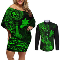 hawaii-couples-matching-off-shoulder-short-dress-and-long-sleeve-button-shirts-ukulele-mix-polynesian-plumeria-green-version