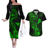 hawaii-couples-matching-off-the-shoulder-long-sleeve-dress-and-hawaiian-shirt-ukulele-mix-polynesian-plumeria-green-version