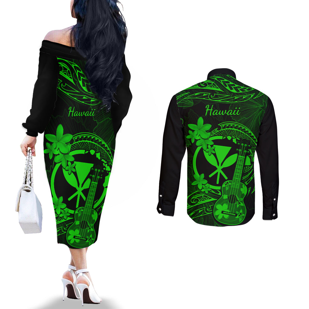 hawaii-couples-matching-off-the-shoulder-long-sleeve-dress-and-long-sleeve-button-shirts-ukulele-mix-polynesian-plumeria-green-version
