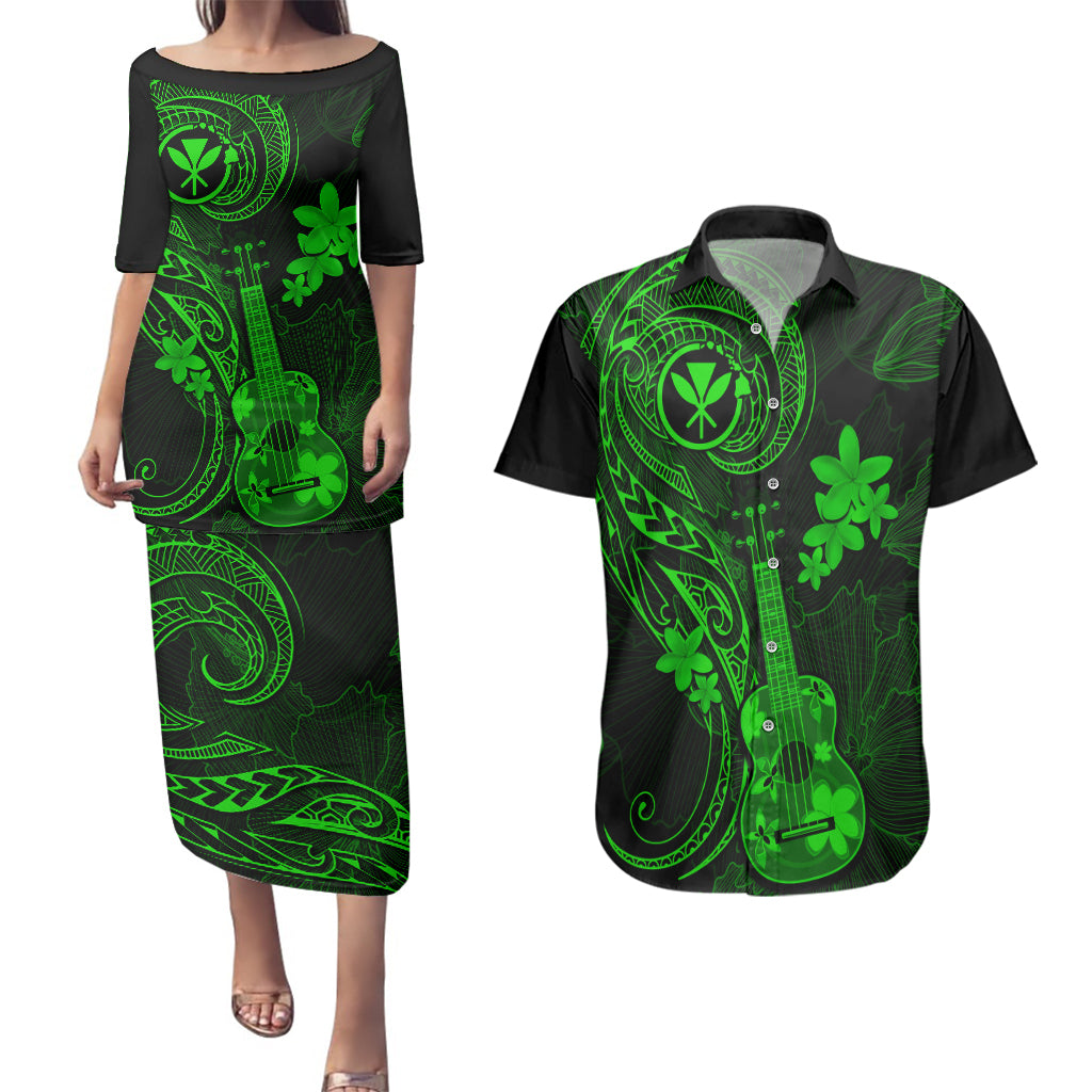 hawaii-couples-matching-puletasi-dress-and-hawaiian-shirt-ukulele-mix-polynesian-plumeria-green-version