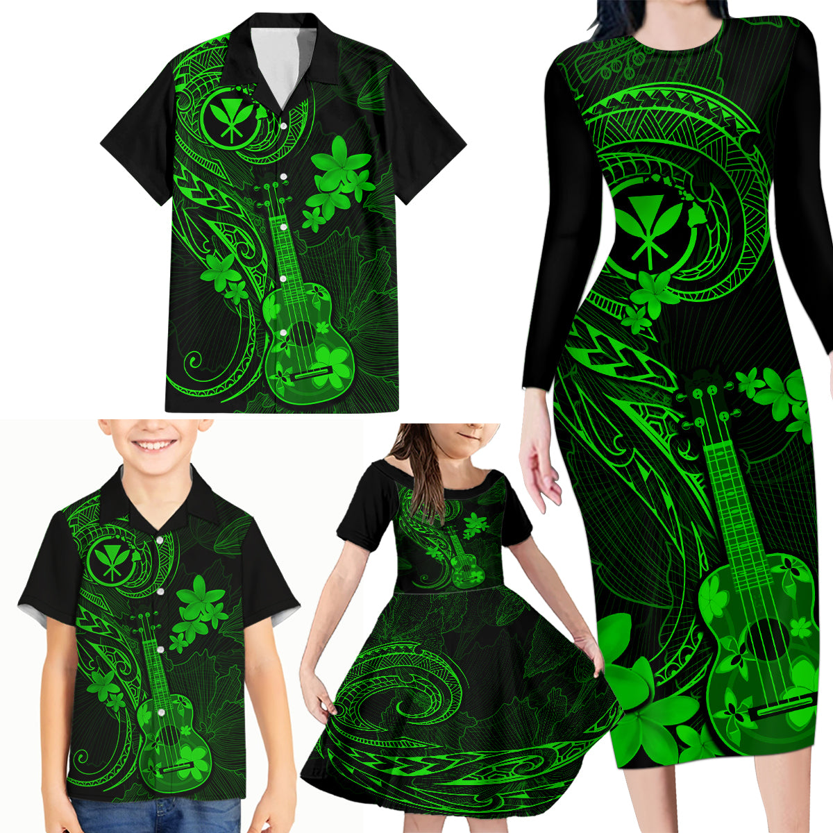 Hawaii Family Matching Long Sleeve Bodycon Dress and Hawaiian Shirt Ukulele Mix Polynesian Plumeria Green Version LT14 - Polynesian Pride