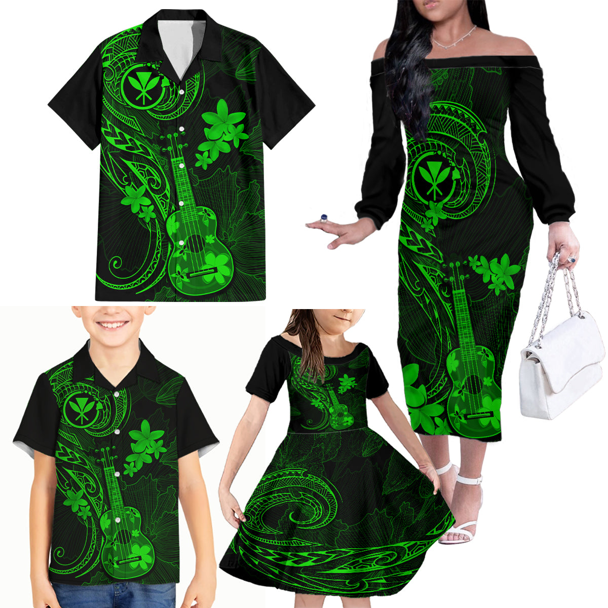 Hawaii Family Matching Off Shoulder Long Sleeve Dress and Hawaiian Shirt Ukulele Mix Polynesian Plumeria Green Version LT14 - Polynesian Pride