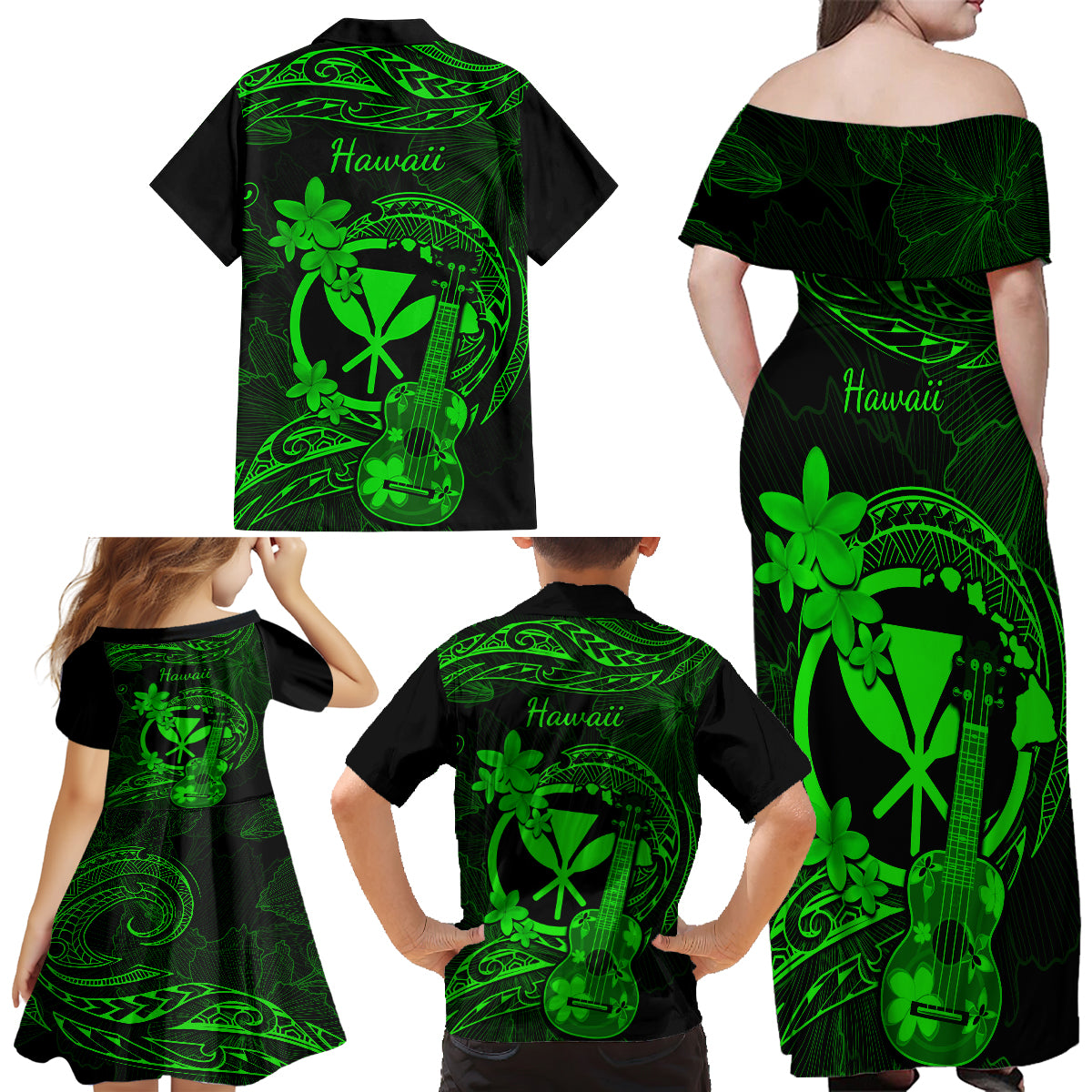 Hawaii Family Matching Off Shoulder Long Sleeve Dress and Hawaiian Shirt Ukulele Mix Polynesian Plumeria Green Version LT14 - Polynesian Pride