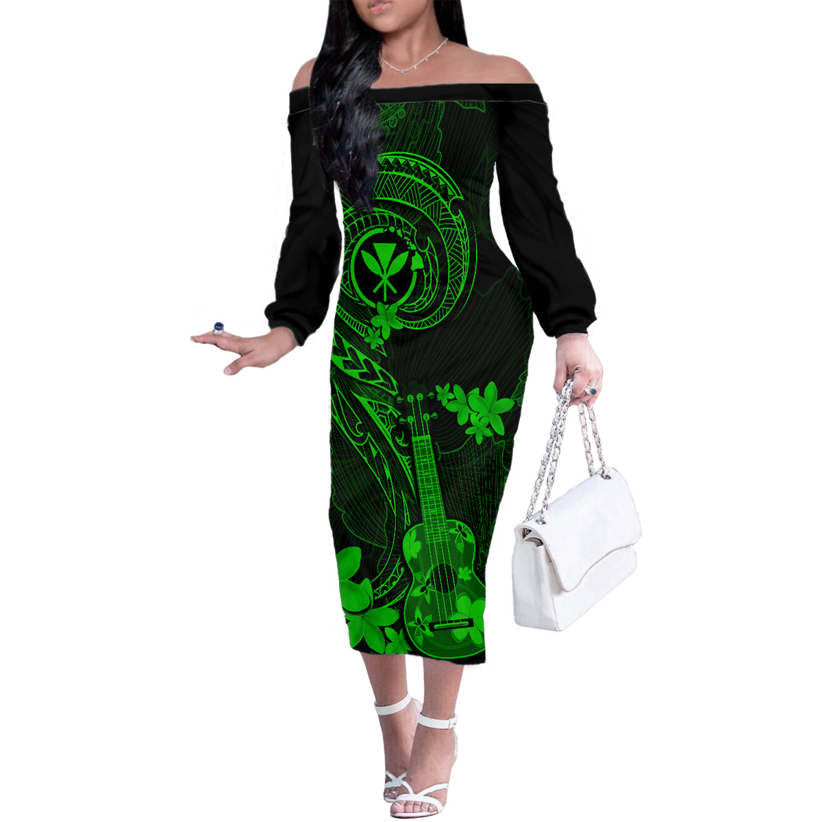 Hawaii Family Matching Off Shoulder Long Sleeve Dress and Hawaiian Shirt Ukulele Mix Polynesian Plumeria Green Version LT14 Mom's Dress Green - Polynesian Pride