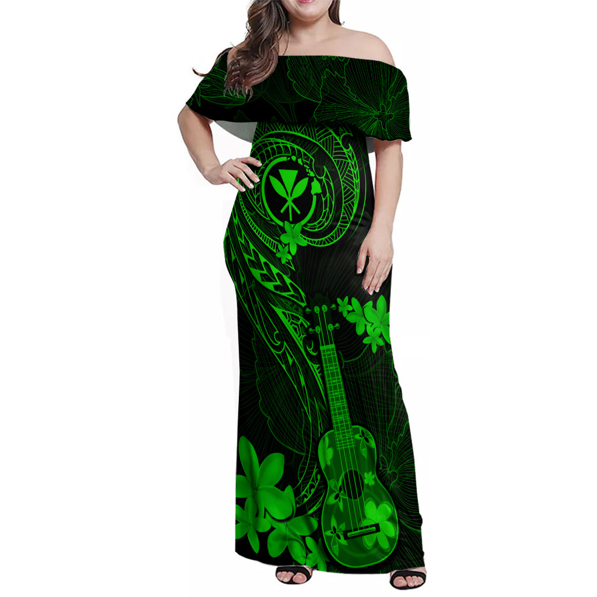 hawaii-family-matching-off-shoulder-maxi-dress-and-hawaiian-shirt-ukulele-mix-polynesian-plumeria-green-version