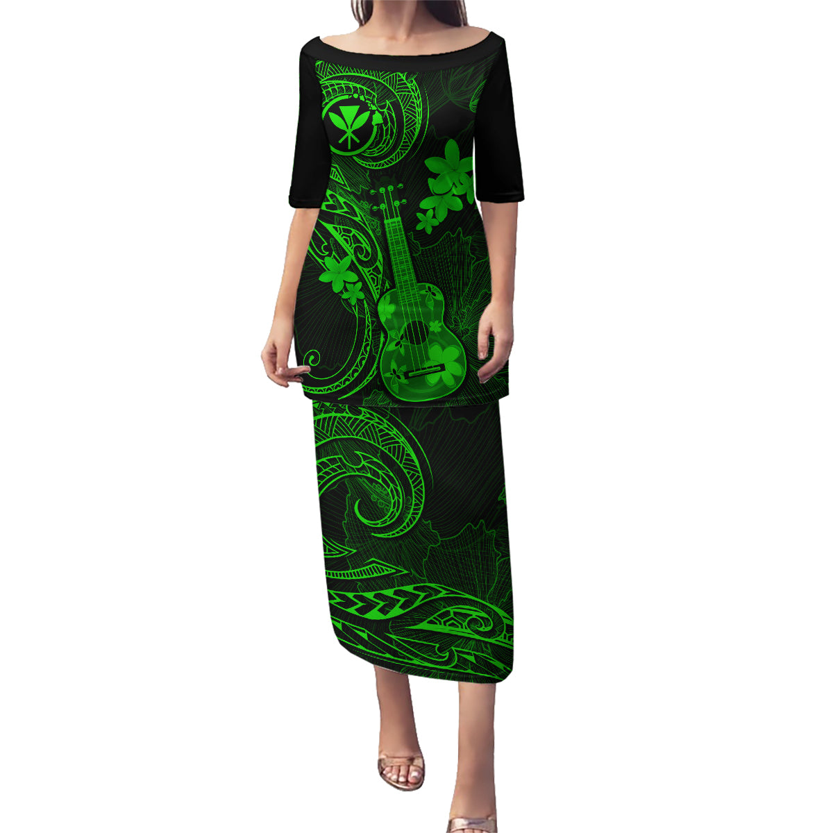 Hawaii Family Matching Puletasi Dress and Hawaiian Shirt Ukulele Mix Polynesian Plumeria Green Version LT14 Mom's Dress Green - Polynesian Pride