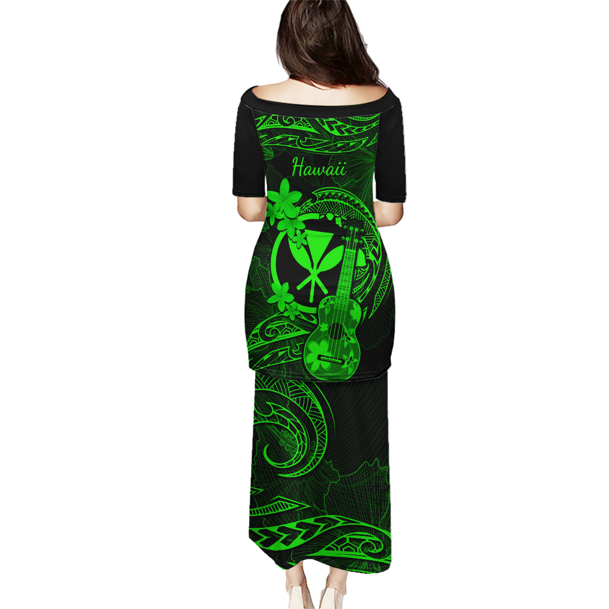 Hawaii Family Matching Puletasi Dress and Hawaiian Shirt Ukulele Mix Polynesian Plumeria Green Version LT14 - Polynesian Pride