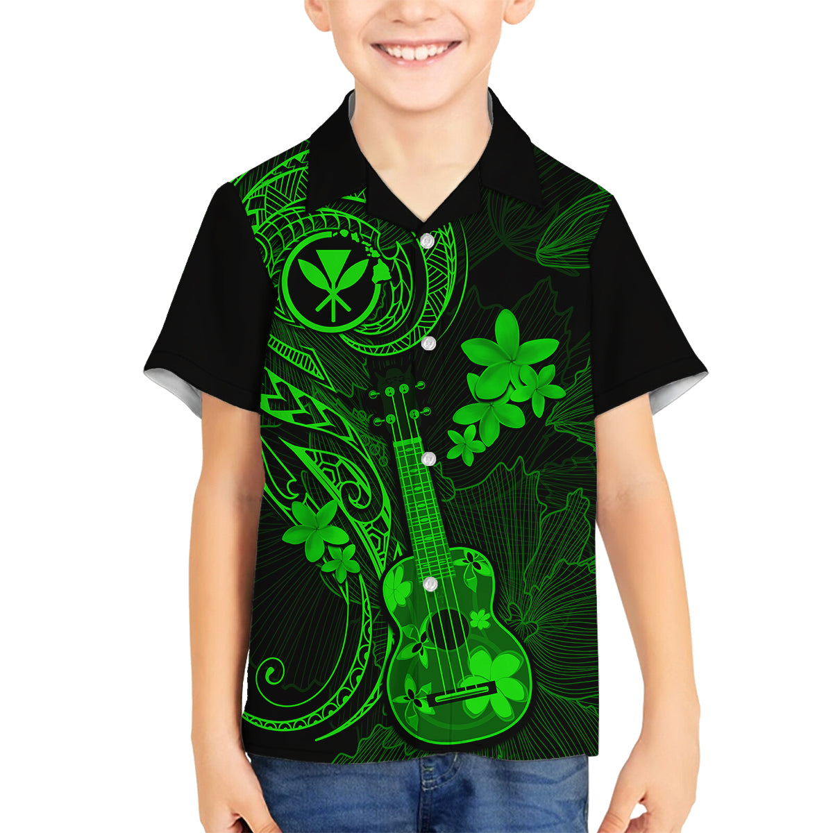 Hawaii Family Matching Short Sleeve Bodycon Dress and Hawaiian Shirt Ukulele Mix Polynesian Plumeria Green Version LT14 Son's Shirt Green - Polynesian Pride
