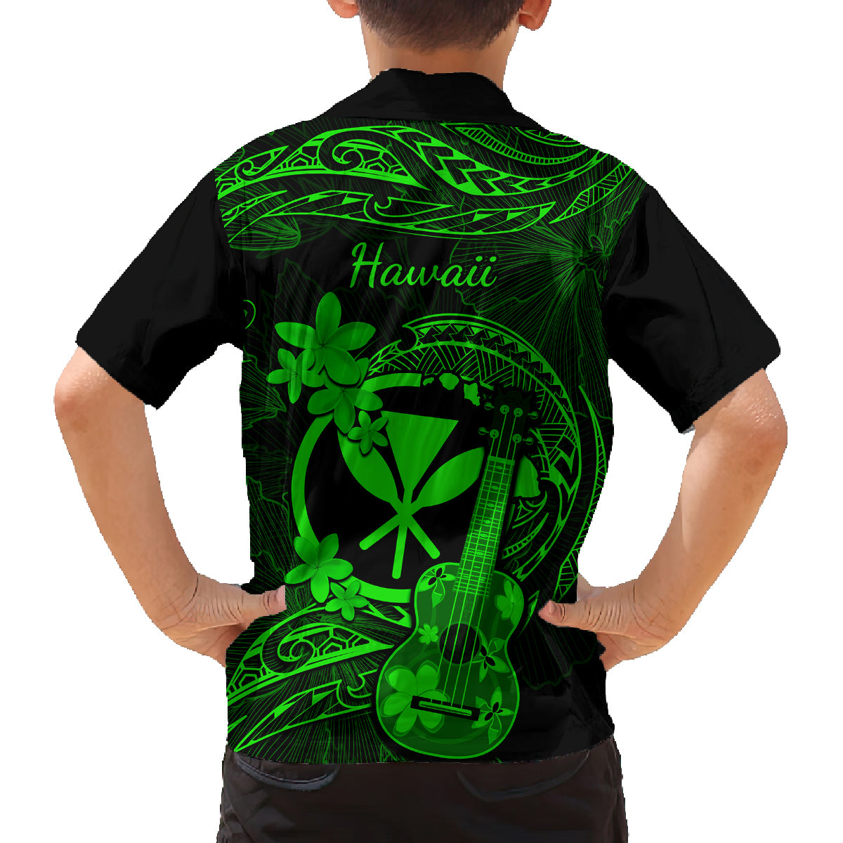 hawaii-family-matching-summer-maxi-dress-and-hawaiian-shirt-ukulele-mix-polynesian-plumeria-green-version