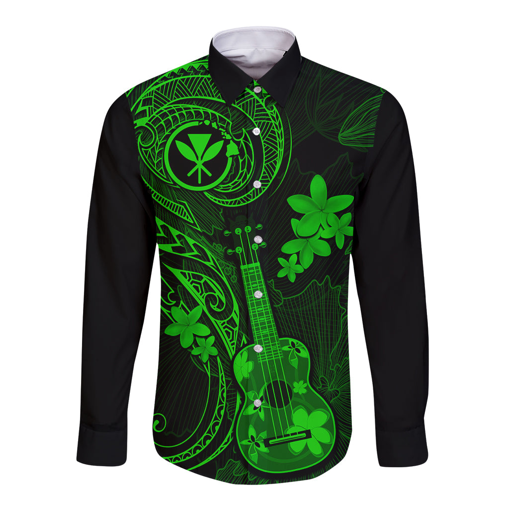 hawaii-long-sleeve-button-shirt-ukulele-mix-polynesian-plumeria-green-version