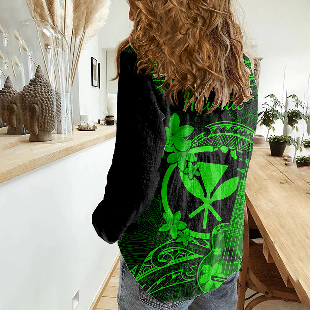 hawaii-women-casual-shirt-ukulele-mix-polynesian-plumeria-green-version
