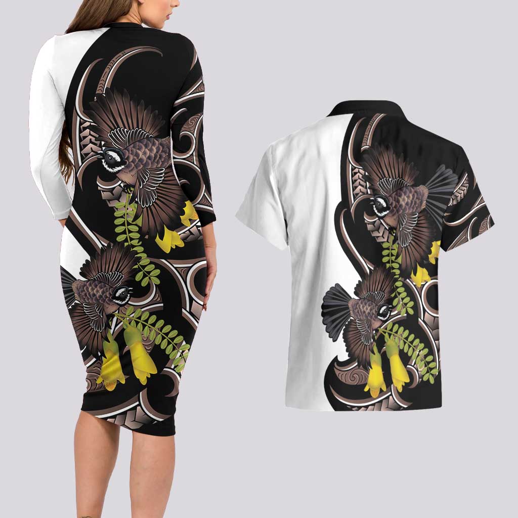 New Zealand Valentines Day Couples Matching Long Sleeve Bodycon Dress and Hawaiian Shirt Piwakawaka Lovers Maori Koru Tattoo - Polynesian Pride