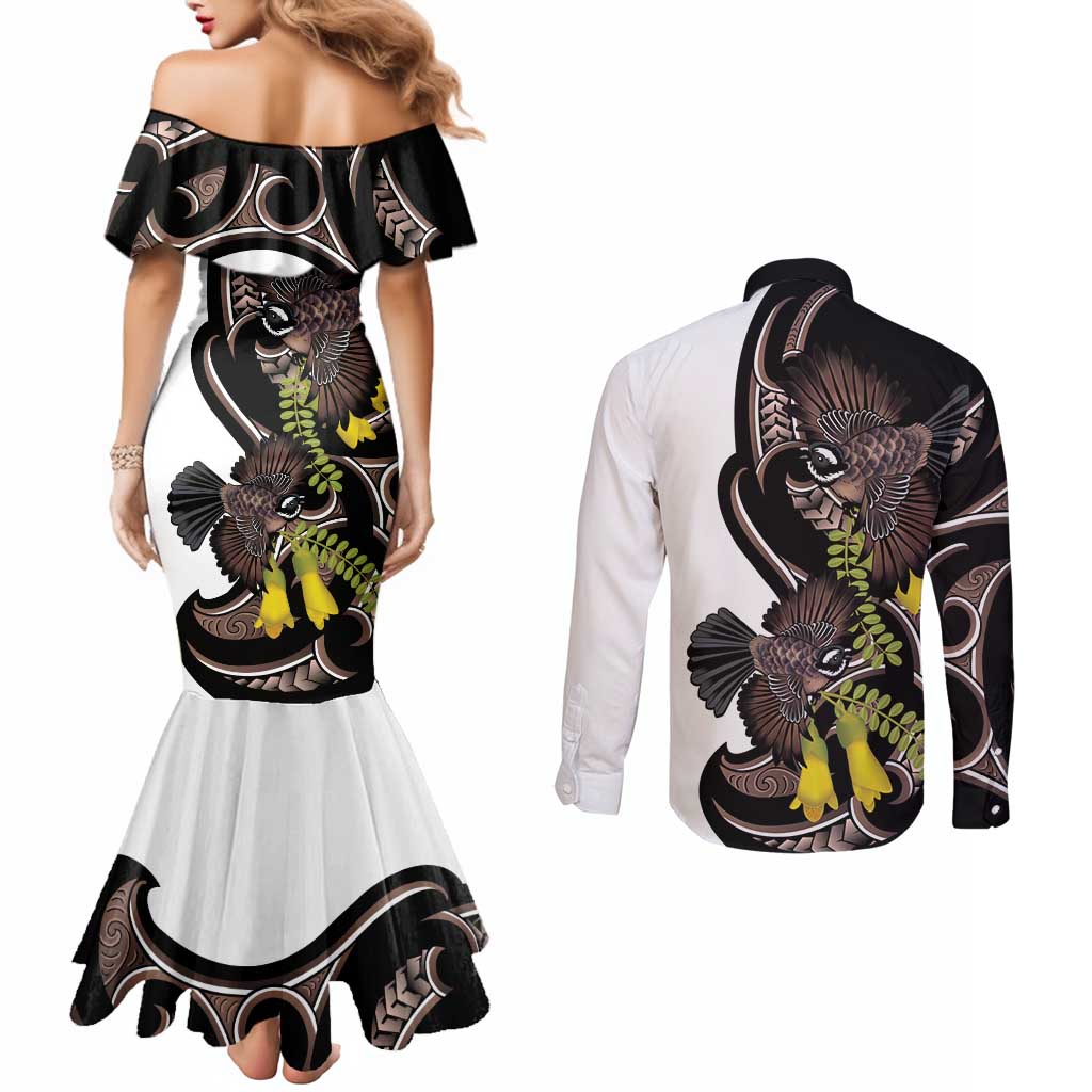 New Zealand Valentines Day Couples Matching Mermaid Dress and Long Sleeve Button Shirt Piwakawaka Lovers Maori Koru Tattoo - Polynesian Pride