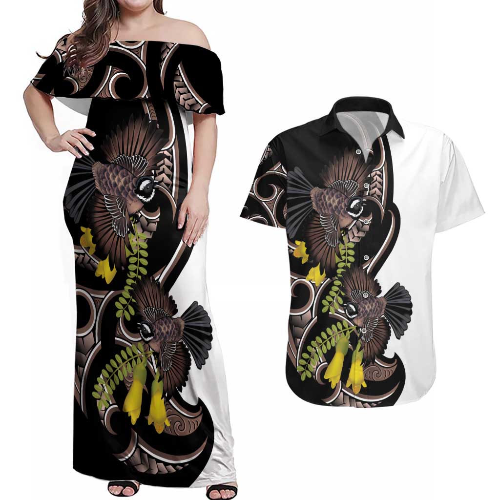 New Zealand Valentines Day Couples Matching Off Shoulder Maxi Dress and Hawaiian Shirt Piwakawaka Lovers Maori Koru Tattoo - Polynesian Pride