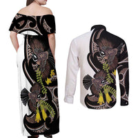 New Zealand Valentines Day Couples Matching Off Shoulder Maxi Dress and Long Sleeve Button Shirt Piwakawaka Lovers Maori Koru Tattoo - Polynesian Pride