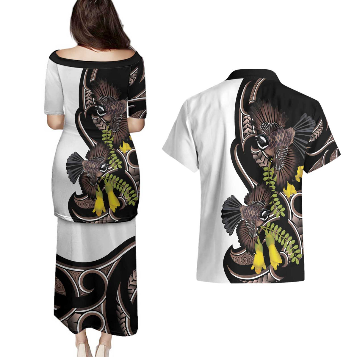 New Zealand Valentines Day Couples Matching Puletasi and Hawaiian Shirt Piwakawaka Lovers Maori Koru Tattoo - Polynesian Pride