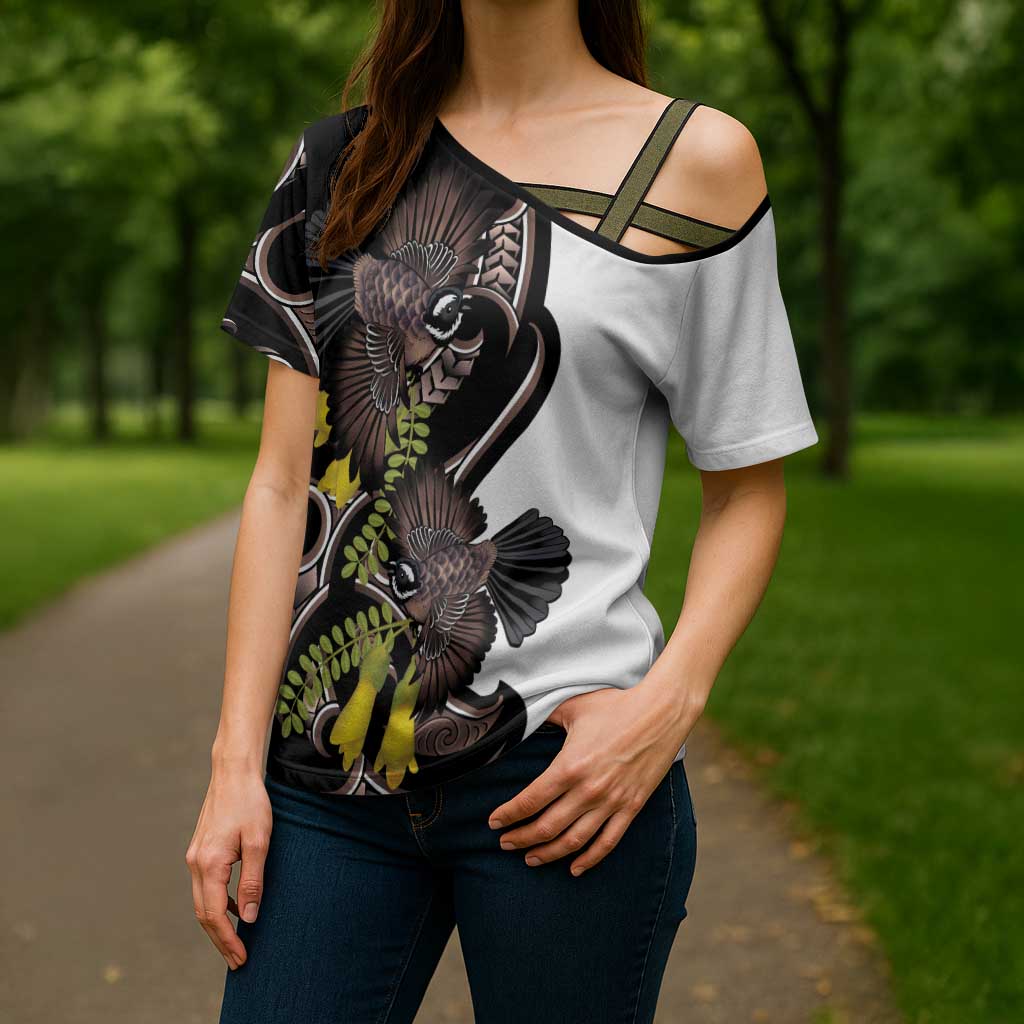 New Zealand Valentines Day Cross Shoulder Shirt Piwakawaka Lovers Maori Koru Tattoo - Polynesian Pride