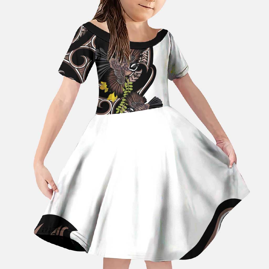 New Zealand Valentines Day Family Matching Long Sleeve Bodycon Dress and Hawaiian Shirt Piwakawaka Lovers Maori Koru Tattoo LT14 Daughter's Dress Black - Polynesian Pride