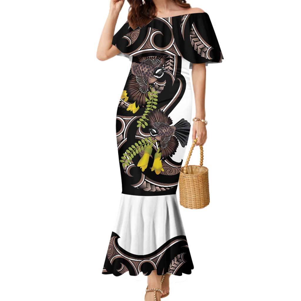 New Zealand Valentines Day Family Matching Mermaid Dress and Hawaiian Shirt Piwakawaka Lovers Maori Koru Tattoo LT14 Mom's Dress Black - Polynesian Pride