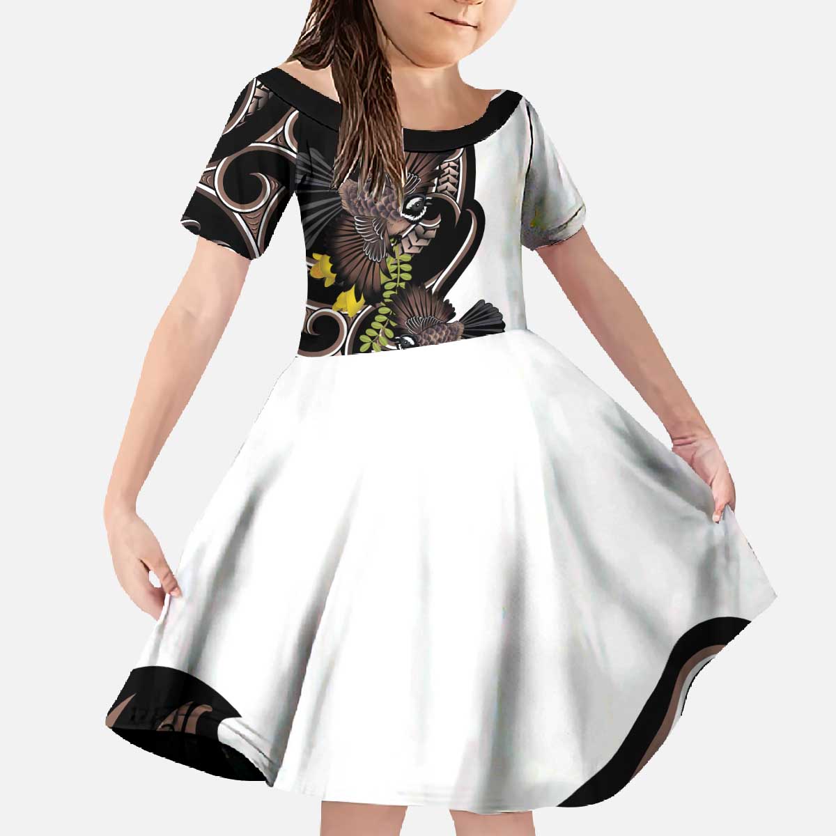 New Zealand Valentines Day Family Matching Off The Shoulder Long Sleeve Dress and Hawaiian Shirt Piwakawaka Lovers Maori Koru Tattoo LT14 Daughter's Dress Black - Polynesian Pride