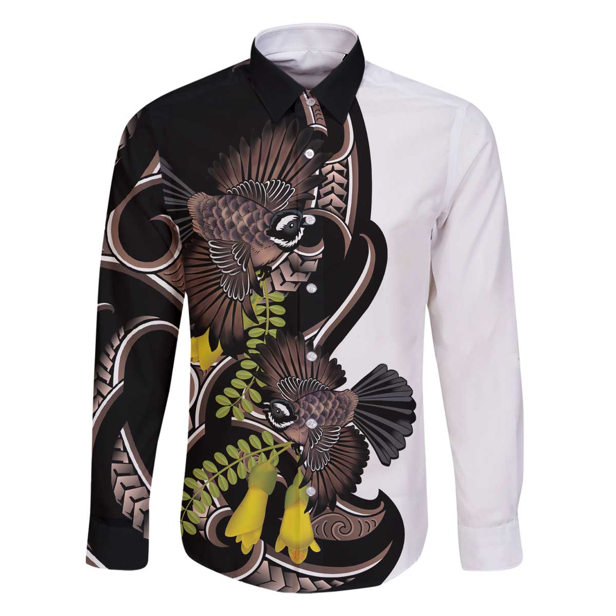 New Zealand Valentines Day Family Matching Off The Shoulder Long Sleeve Dress and Hawaiian Shirt Piwakawaka Lovers Maori Koru Tattoo LT14 Dad's Shirt - Long Sleeve Black - Polynesian Pride
