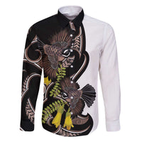 New Zealand Valentines Day Family Matching Off The Shoulder Long Sleeve Dress and Hawaiian Shirt Piwakawaka Lovers Maori Koru Tattoo LT14 Dad's Shirt - Long Sleeve Black - Polynesian Pride