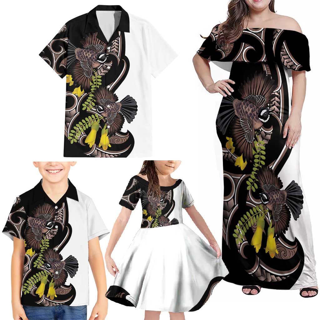New Zealand Valentines Day Family Matching Off Shoulder Maxi Dress and Hawaiian Shirt Piwakawaka Lovers Maori Koru Tattoo LT14 - Polynesian Pride