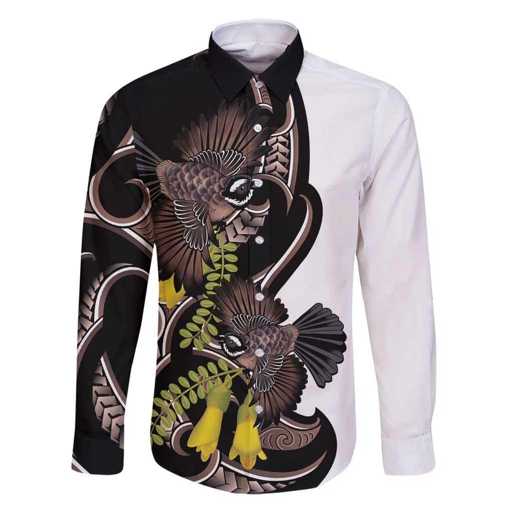 New Zealand Valentines Day Family Matching Off Shoulder Maxi Dress and Hawaiian Shirt Piwakawaka Lovers Maori Koru Tattoo LT14 Dad's Shirt - Long Sleeve Black - Polynesian Pride