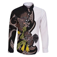 New Zealand Valentines Day Family Matching Off Shoulder Maxi Dress and Hawaiian Shirt Piwakawaka Lovers Maori Koru Tattoo LT14 Dad's Shirt - Long Sleeve Black - Polynesian Pride