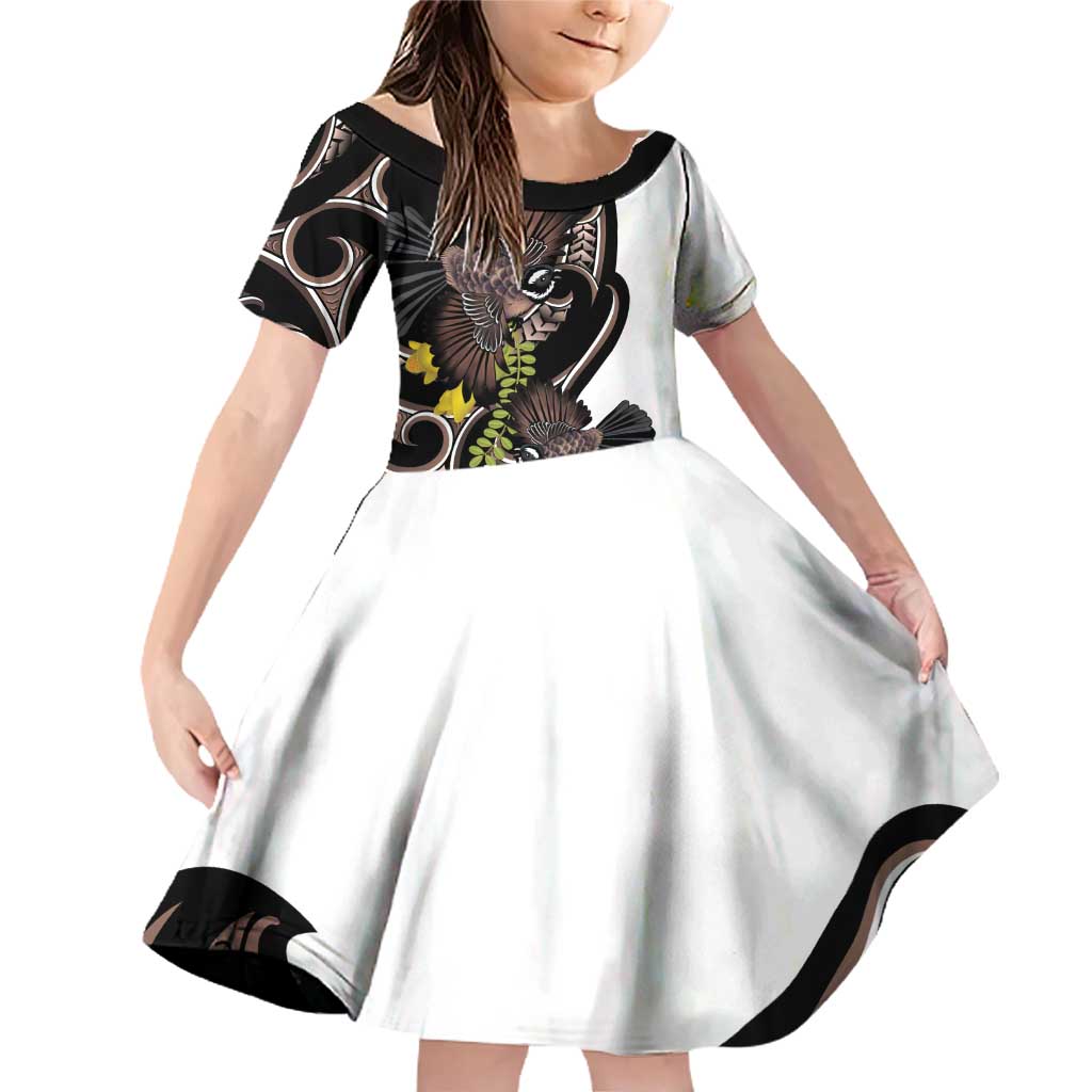 New Zealand Valentines Day Family Matching Off Shoulder Short Dress and Hawaiian Shirt Piwakawaka Lovers Maori Koru Tattoo LT14 Daughter's Dress Black - Polynesian Pride