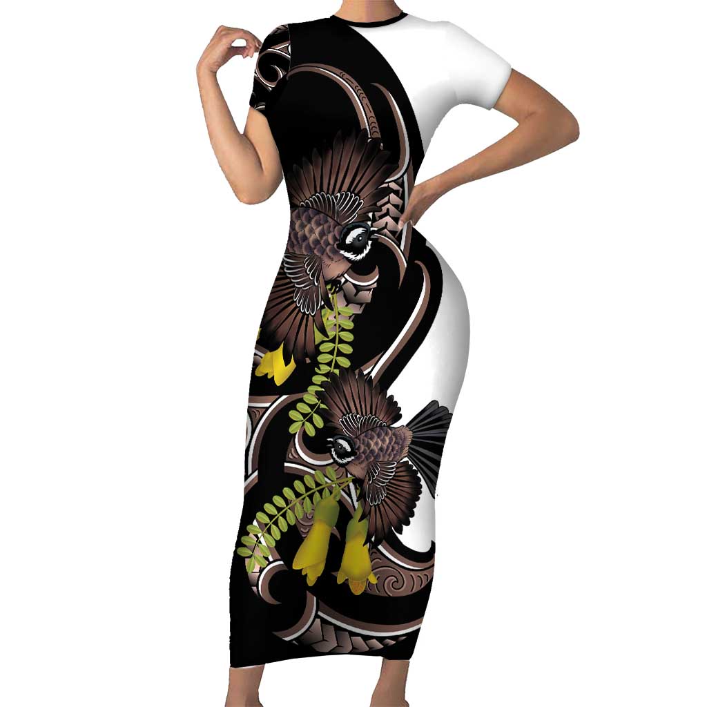 New Zealand Valentines Day Family Matching Short Sleeve Bodycon Dress and Hawaiian Shirt Piwakawaka Lovers Maori Koru Tattoo LT14 Mom's Dress Black - Polynesian Pride