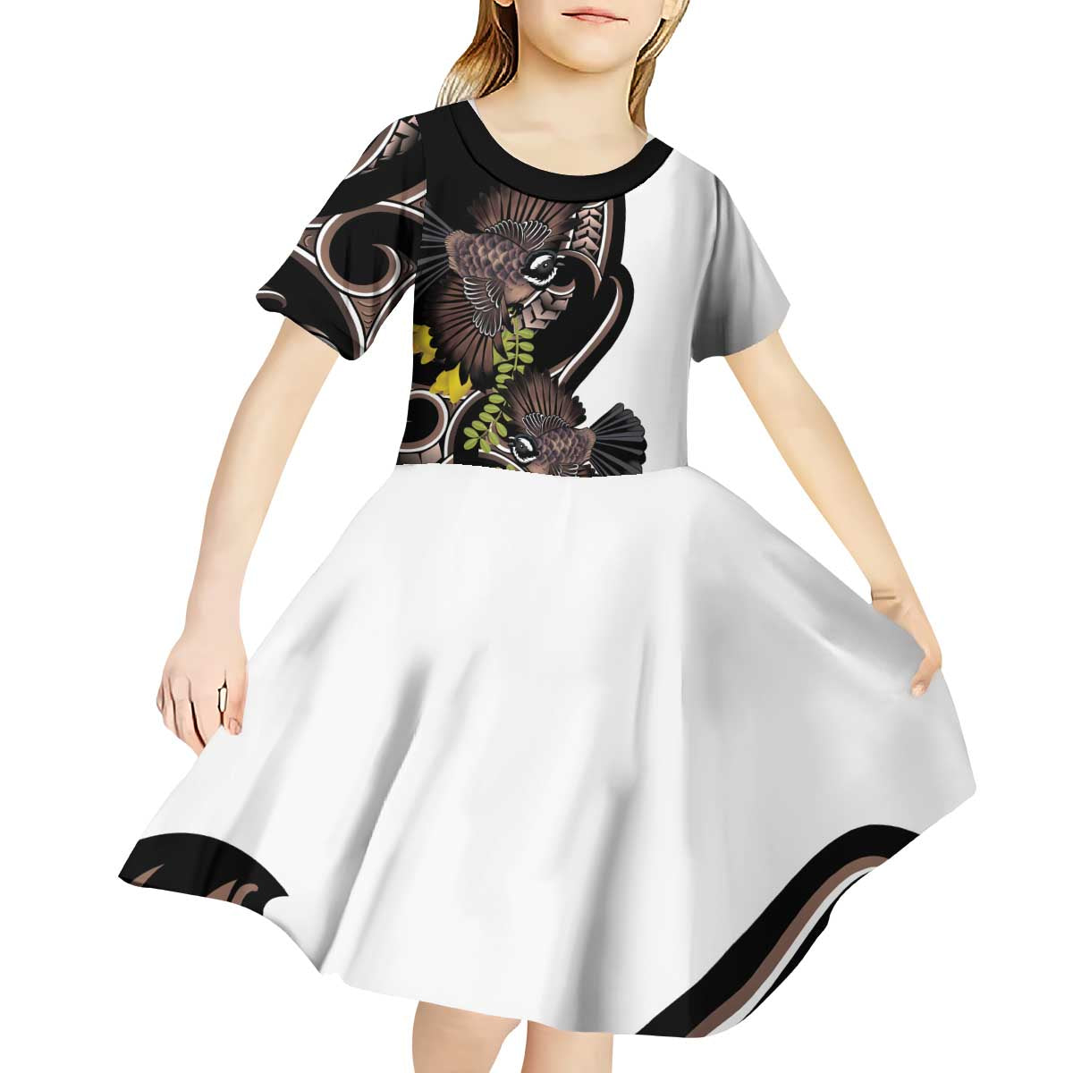 New Zealand Valentines Day Kid Short Sleeve Dress Piwakawaka Lovers Maori Koru Tattoo LT14 - Polynesian Pride