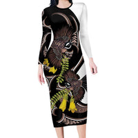 New Zealand Valentines Day Long Sleeve Bodycon Dress Piwakawaka Lovers Maori Koru Tattoo LT14 Long Dress Black - Polynesian Pride